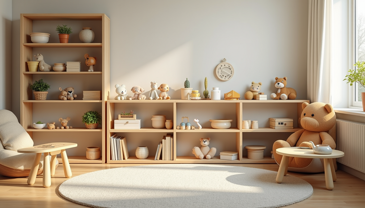 Eye-level view of a colorful toy shelf with various play items arranged neatly