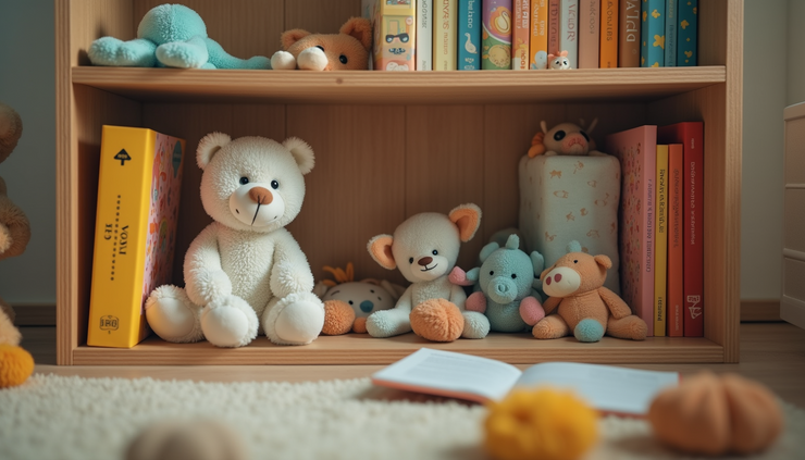 Close-up view of a child’s cubby with neatly stored personal toys and books