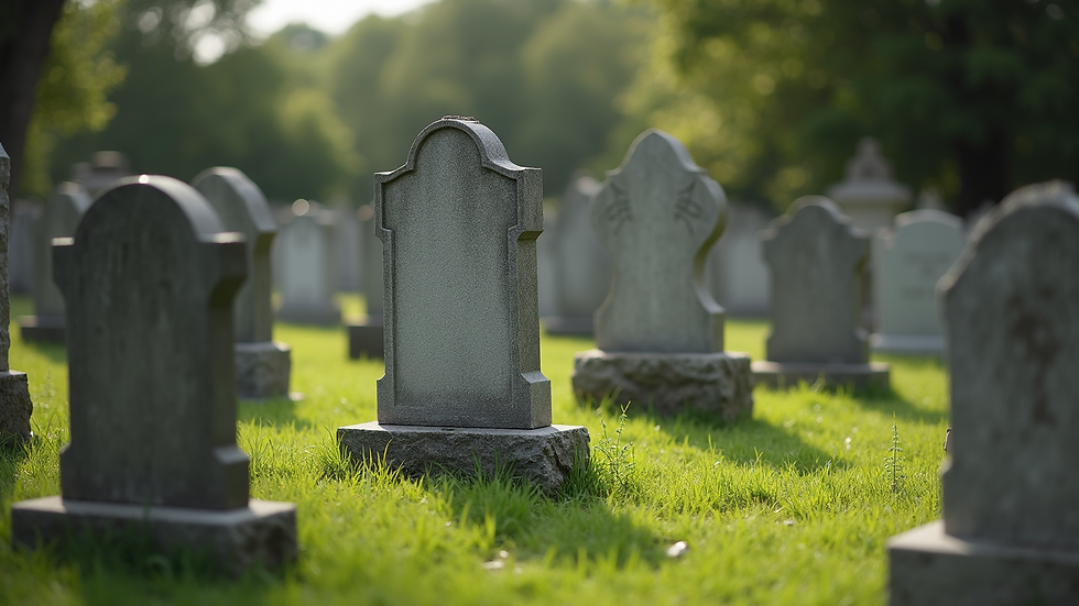 Eye-level view of a variety of headstone shapes displayed in a stone yard