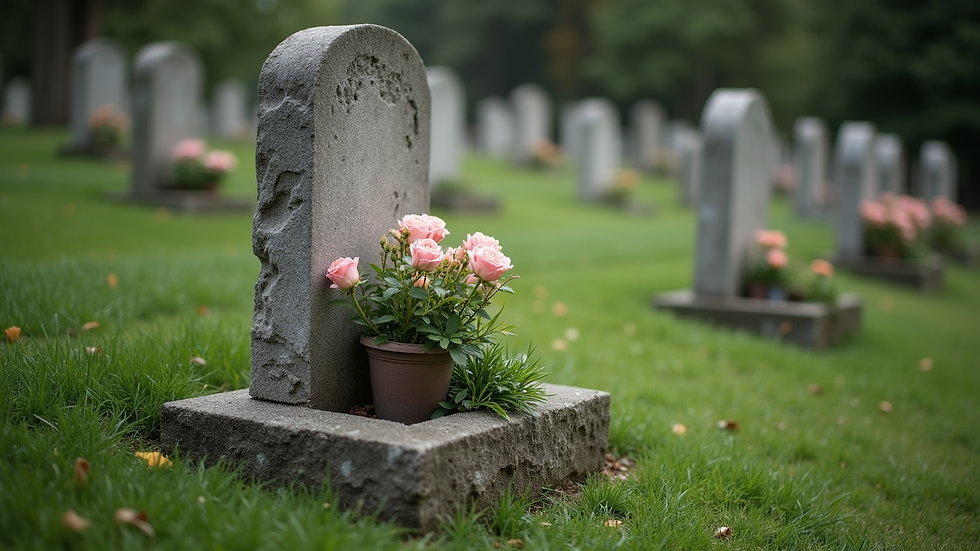 High angle view of a well-maintained headstone with fresh flowers in the holder