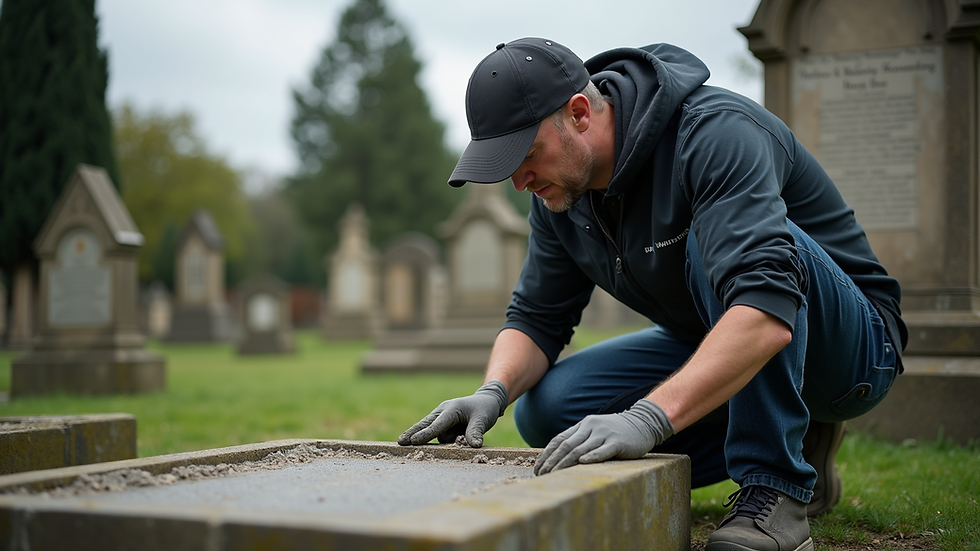 Eye-level view of a stone mason carefully cleaning a gravestone in a UK cemetery