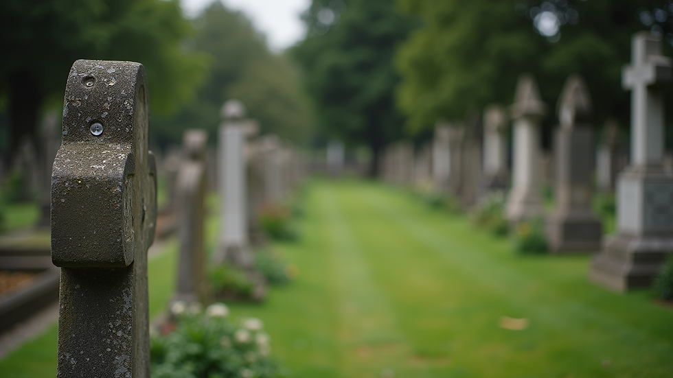 High angle view of a well-maintained cemetery with restored headstones in the UK