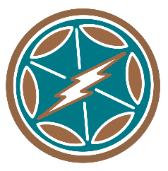 Zeus symbol in teal and brown.