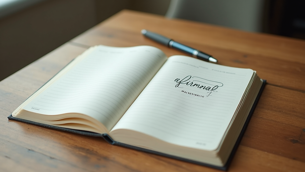 Close-up view of a journal with affirmations and a pen on a wooden table