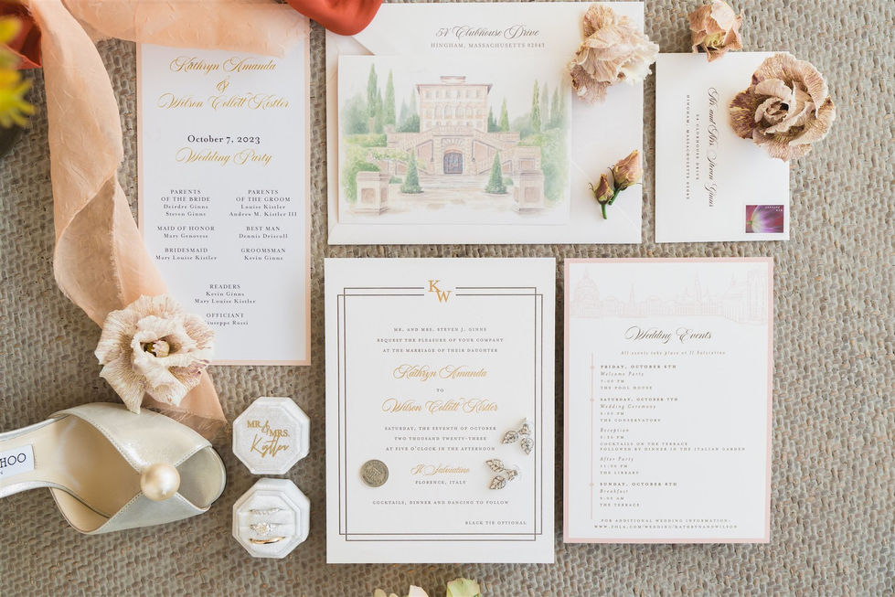 Flat lay of wedding invitations featuring a watercolor illustration of the villa, paired with rings and a pearl-accented shoe.