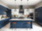 dark blue and white shaker cabinets in extra large modern kitchen with all updated ameniti