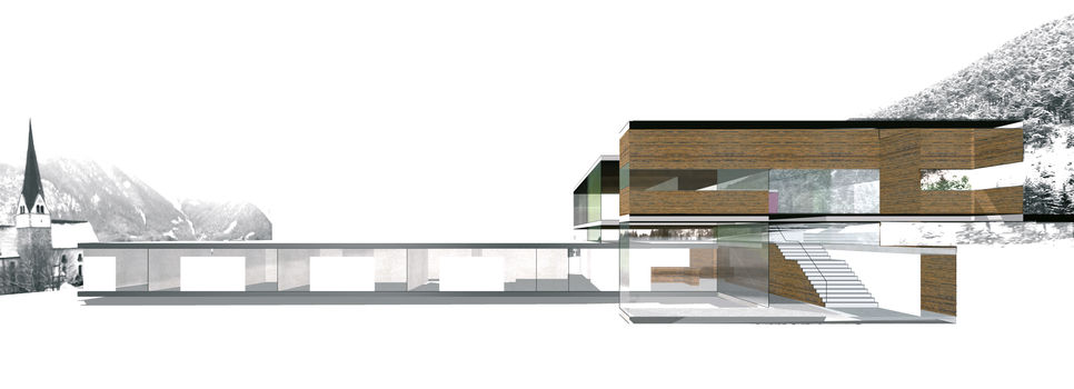 Skizze Pflegeheim Eben, zwei Gebäuderiegel, transparente Fassade, warme Holzfassade, rechts Treppe, links Kirchturm