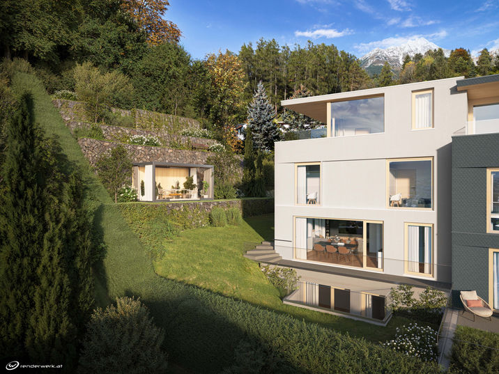in hang gebautes wohnhaus mit garten terrassen blick in küche schlafzimmer große fensterfronten weisse putzfassade steinmauer