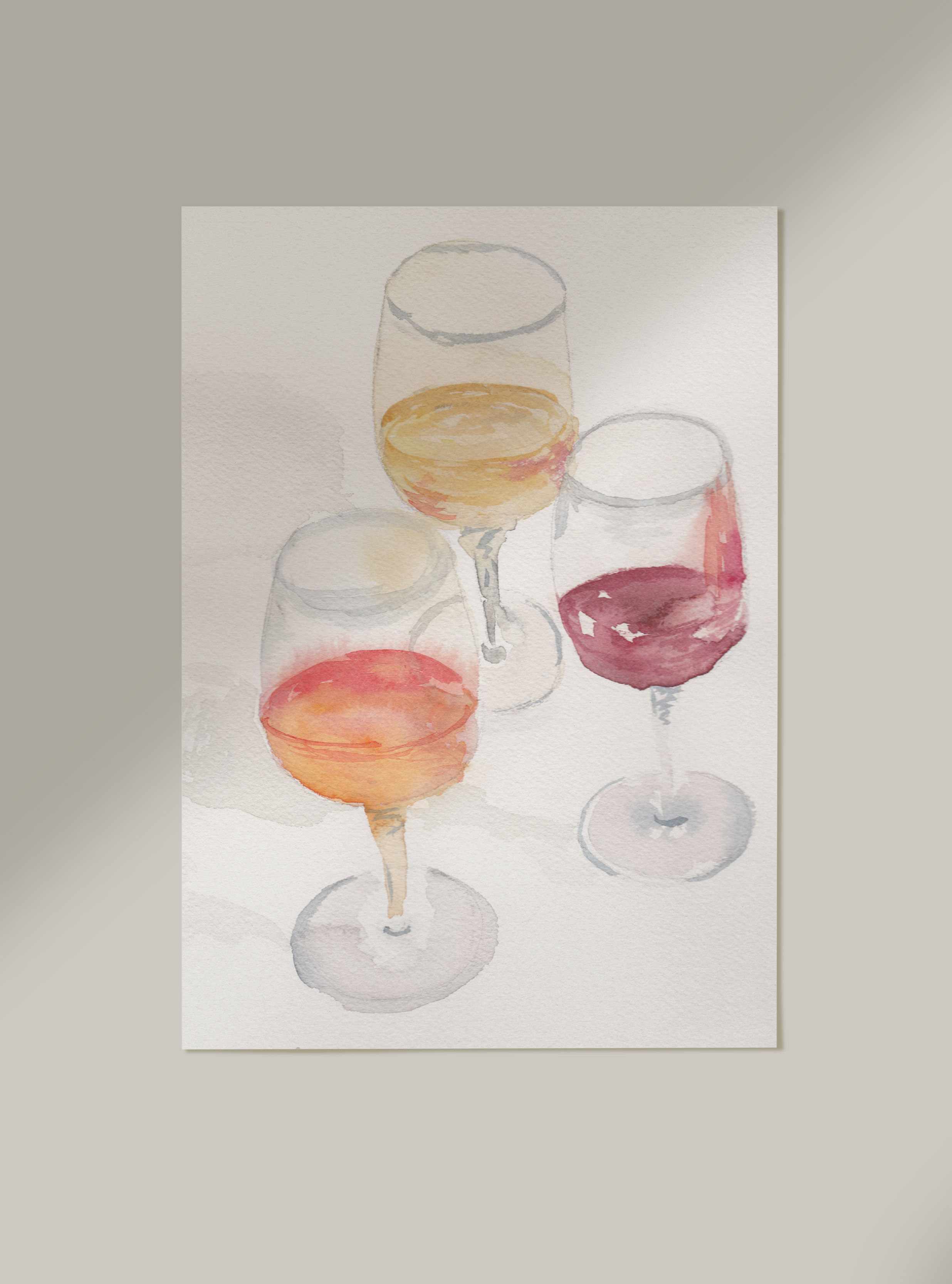 Three Wine Glasses Watercolor Print – 8x10" Art Print Elegant Bar & Kitchen Wall