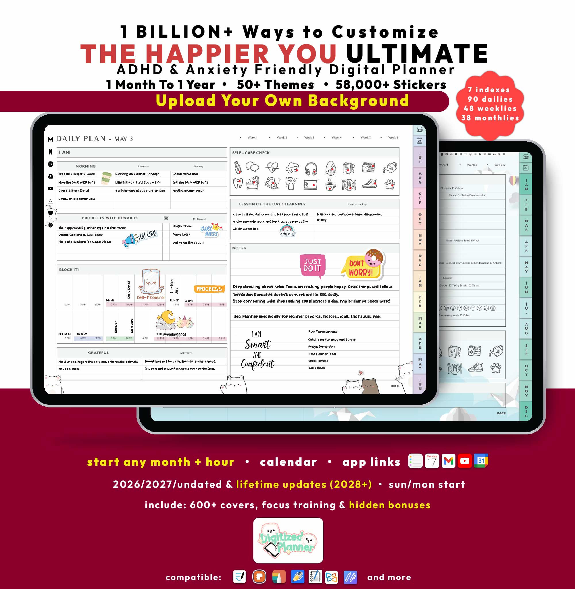 Wide layout tablet digital planner