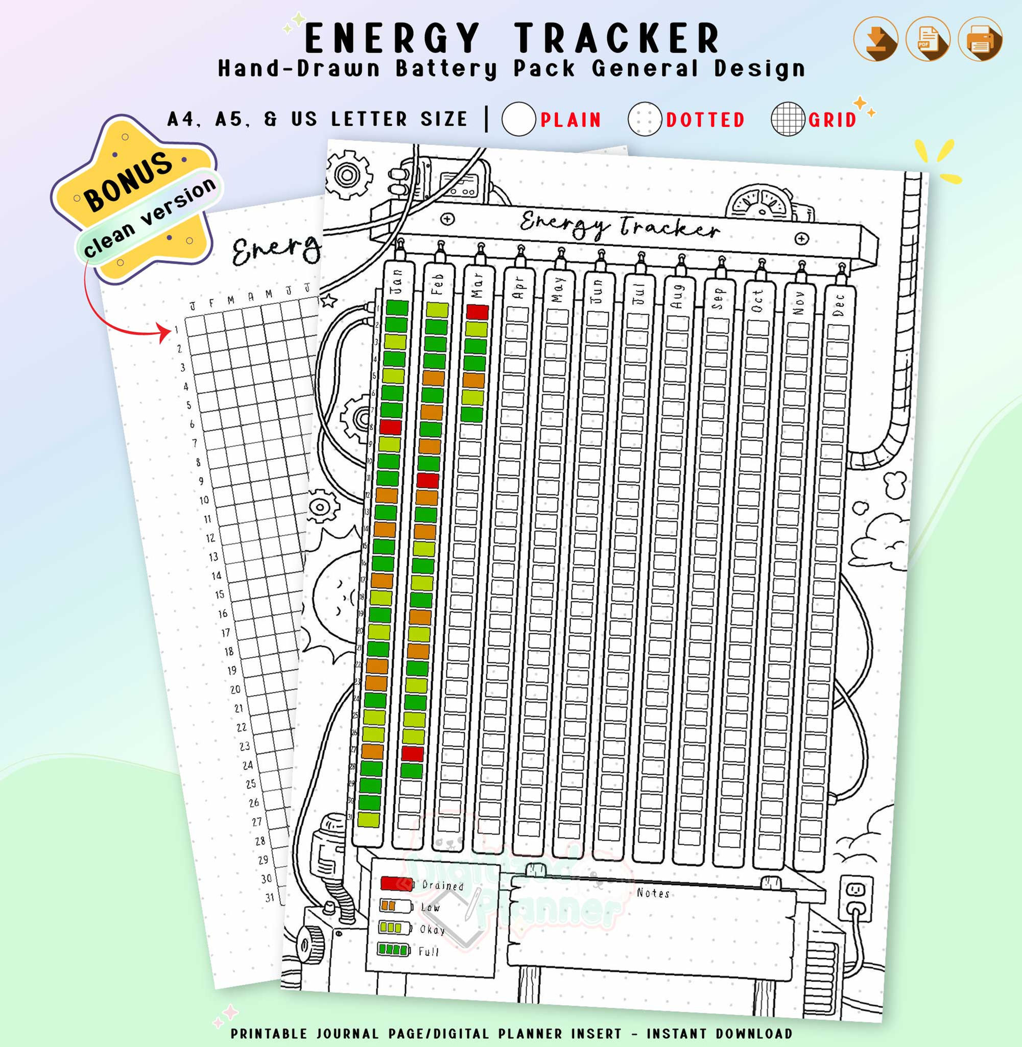 Energy Tracker, Printable Journal Planner Page, Health Journal, Productivity Log