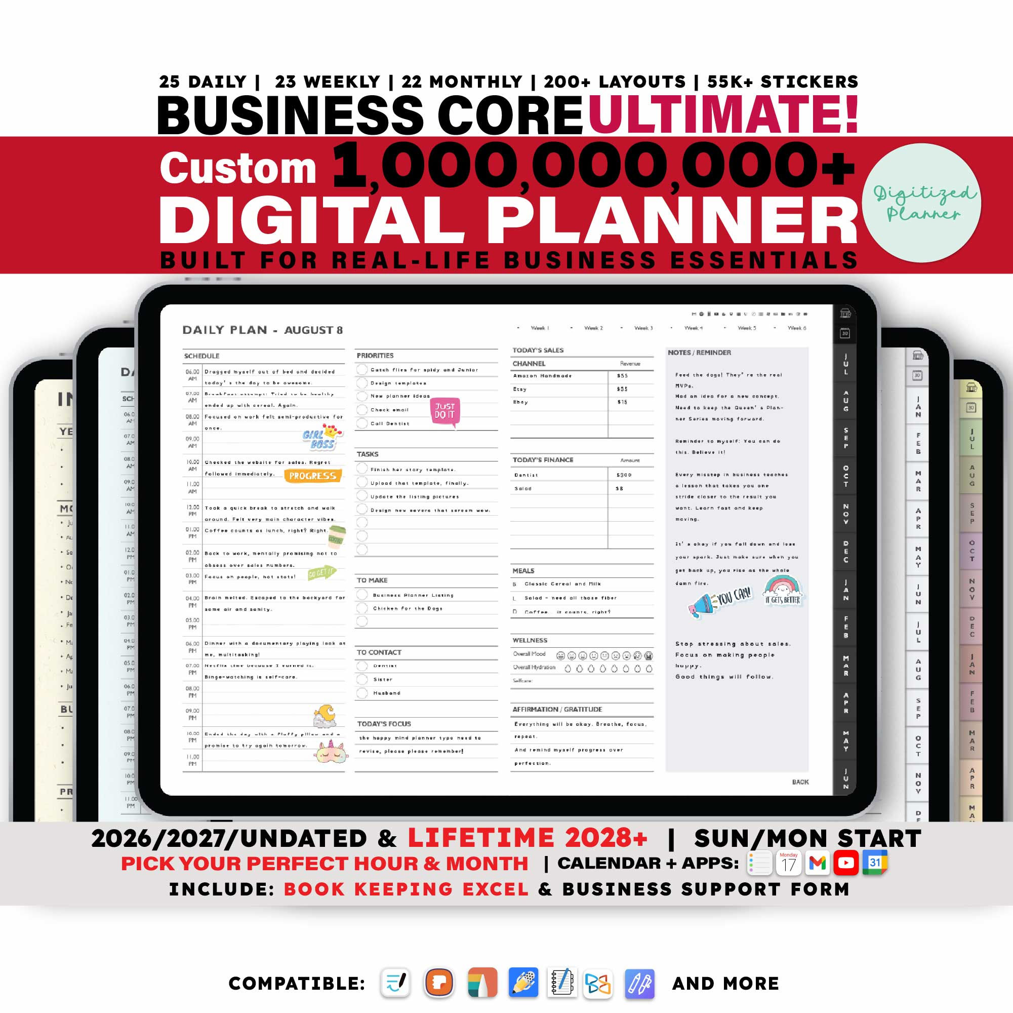 Business Digital Planner 2026, Undated, lifetime, custom daily planner