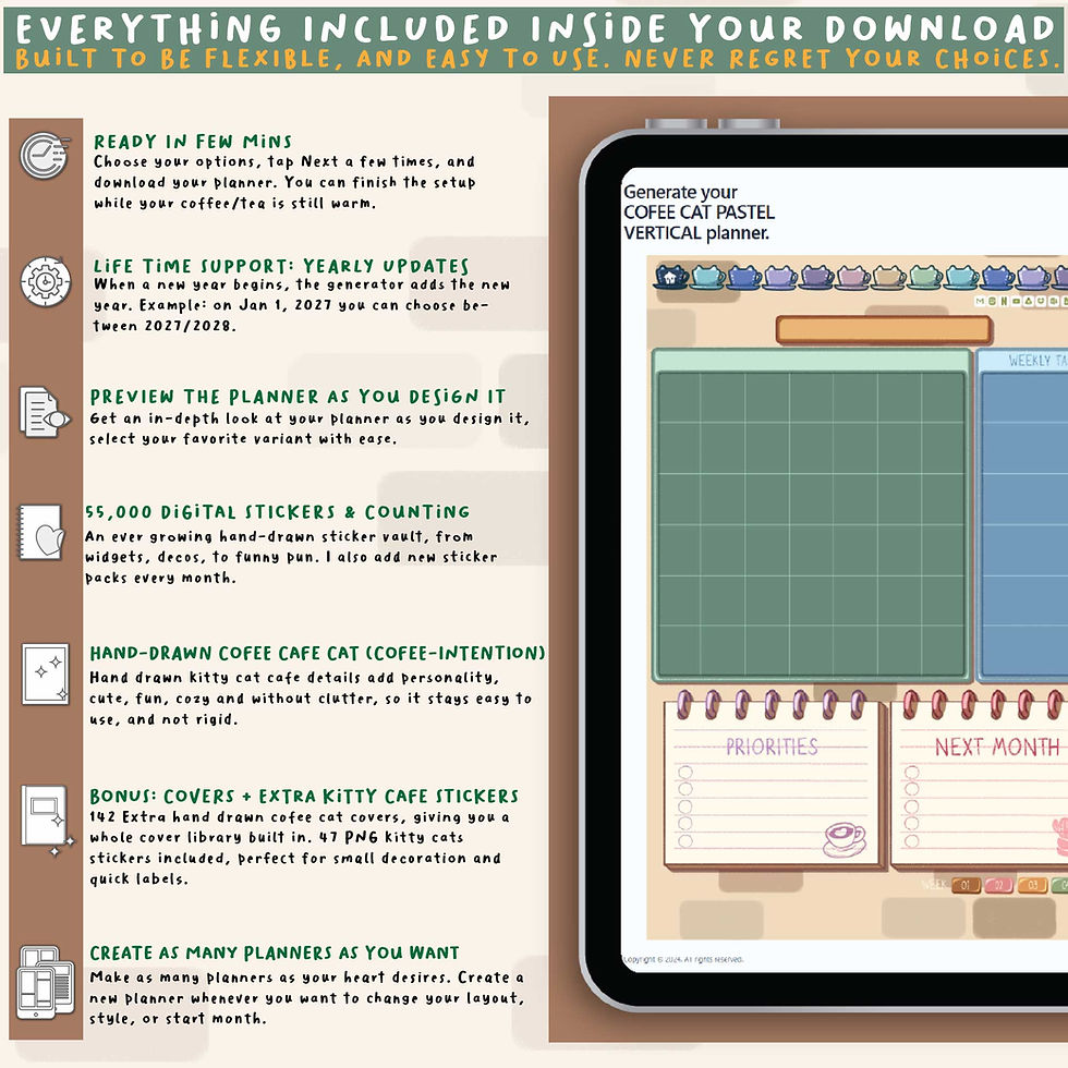 Thumbnail: Digital Planner Cute Cat Pastel Portrait 2026, 2027, Undated for iPad Planner