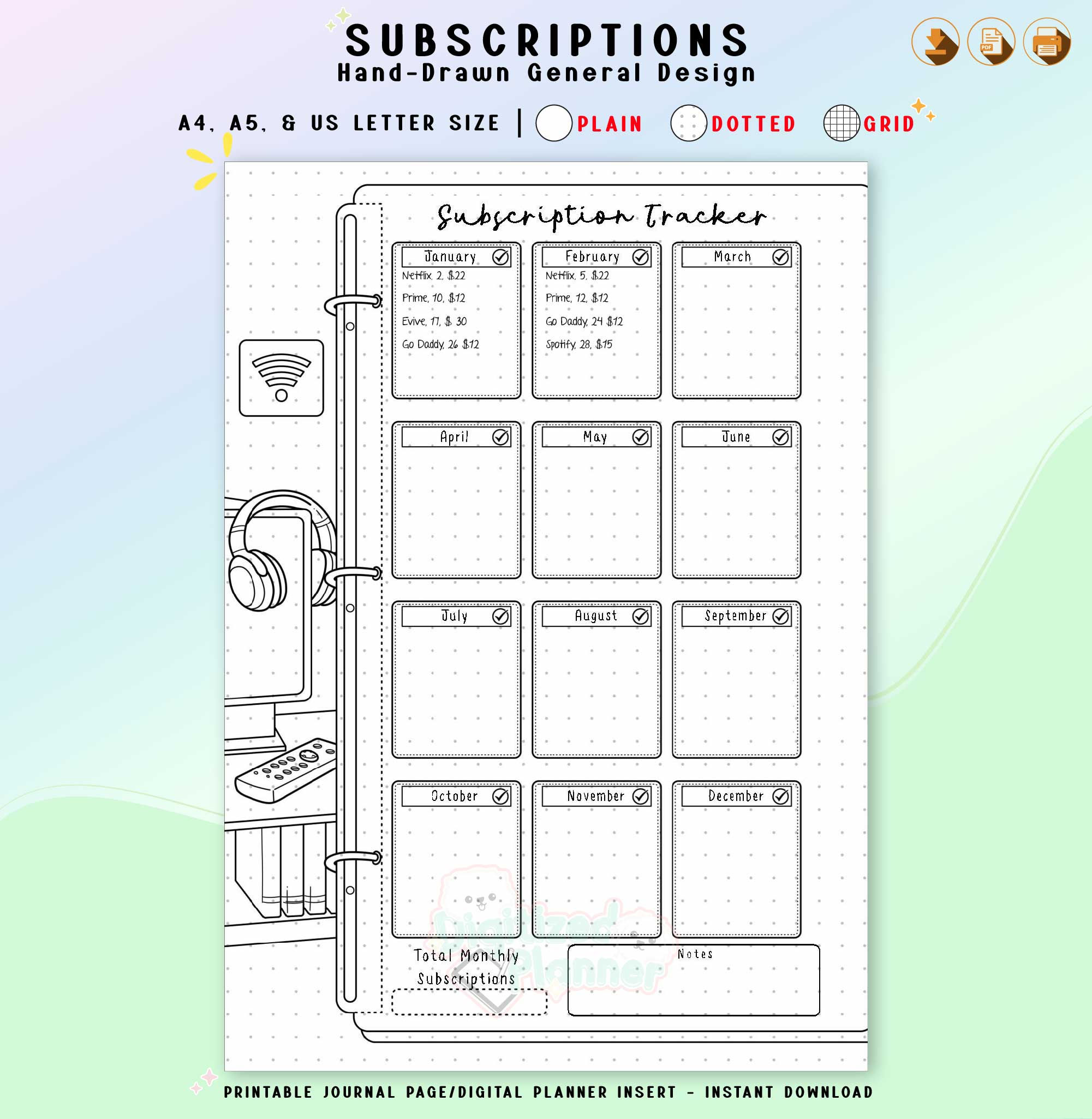 Subscription Tracker Printable Planner, Expense, budget, bill payment log bullet
