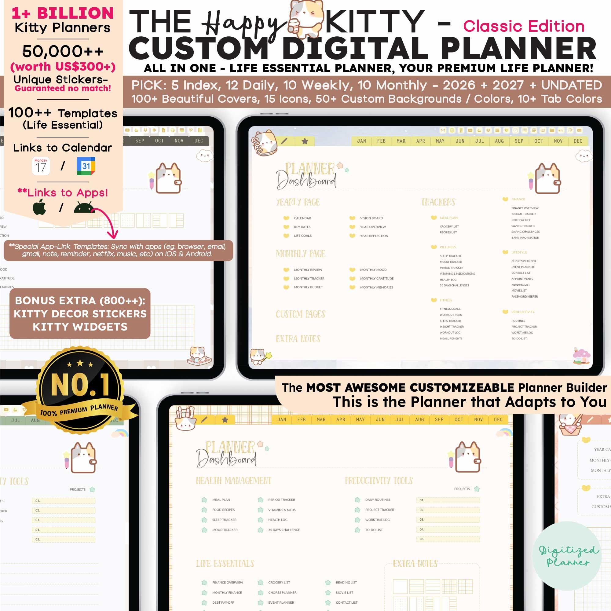 Kitty Digital Planner 2025, Undated Bundle, Cute Cat GoodNotes Planner