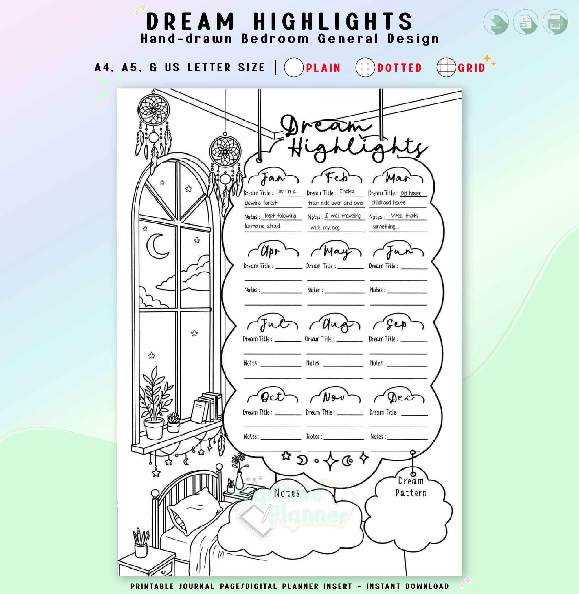 Dream Highlight Tracker Printable, Monthly Dream Log, Planner Insert Journal