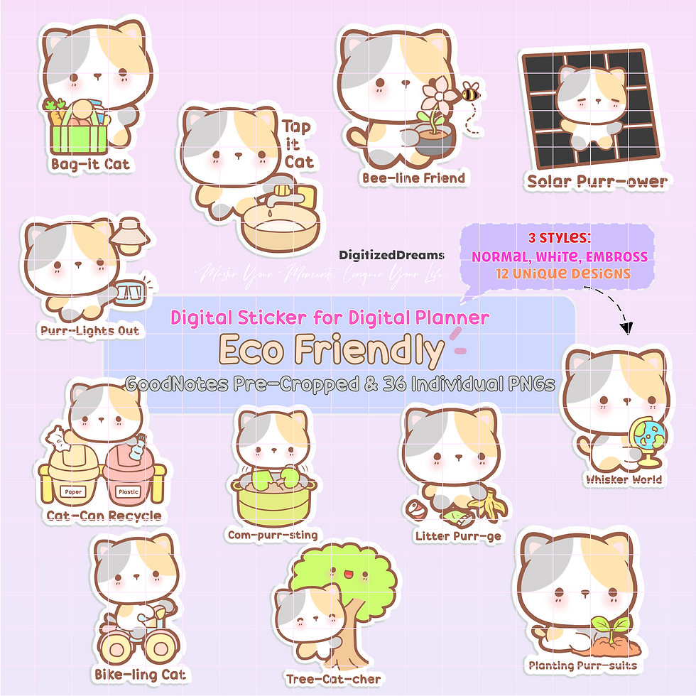 Add some eco-friendly fun to your digital planner with Eco Friendly Kitty Cat Digital Stickers. Ideal for iPad and 2024 2025