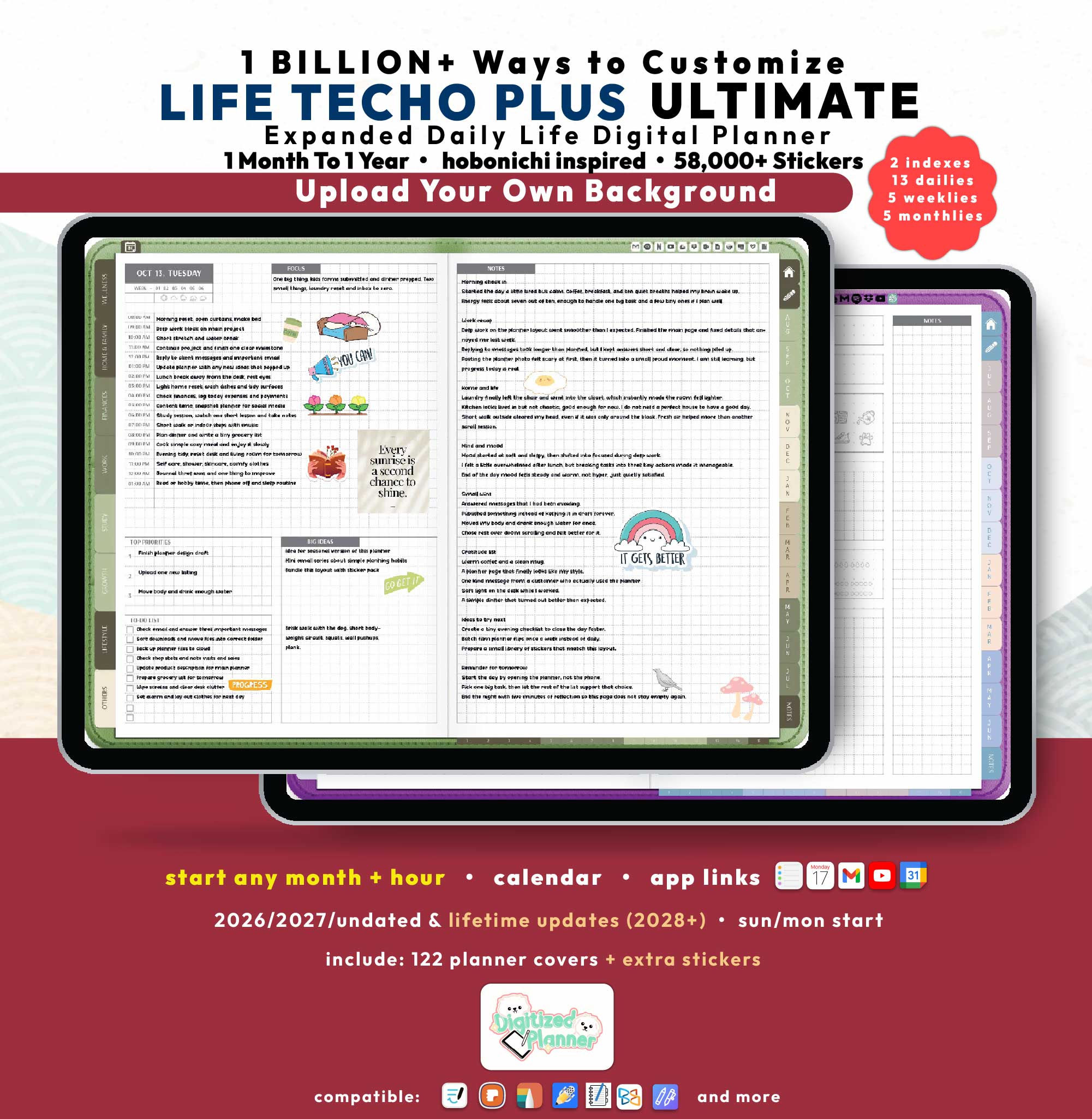 Digital Planner 2026 Hobonichi Plus, Undated, lifetime, Custom daily planner