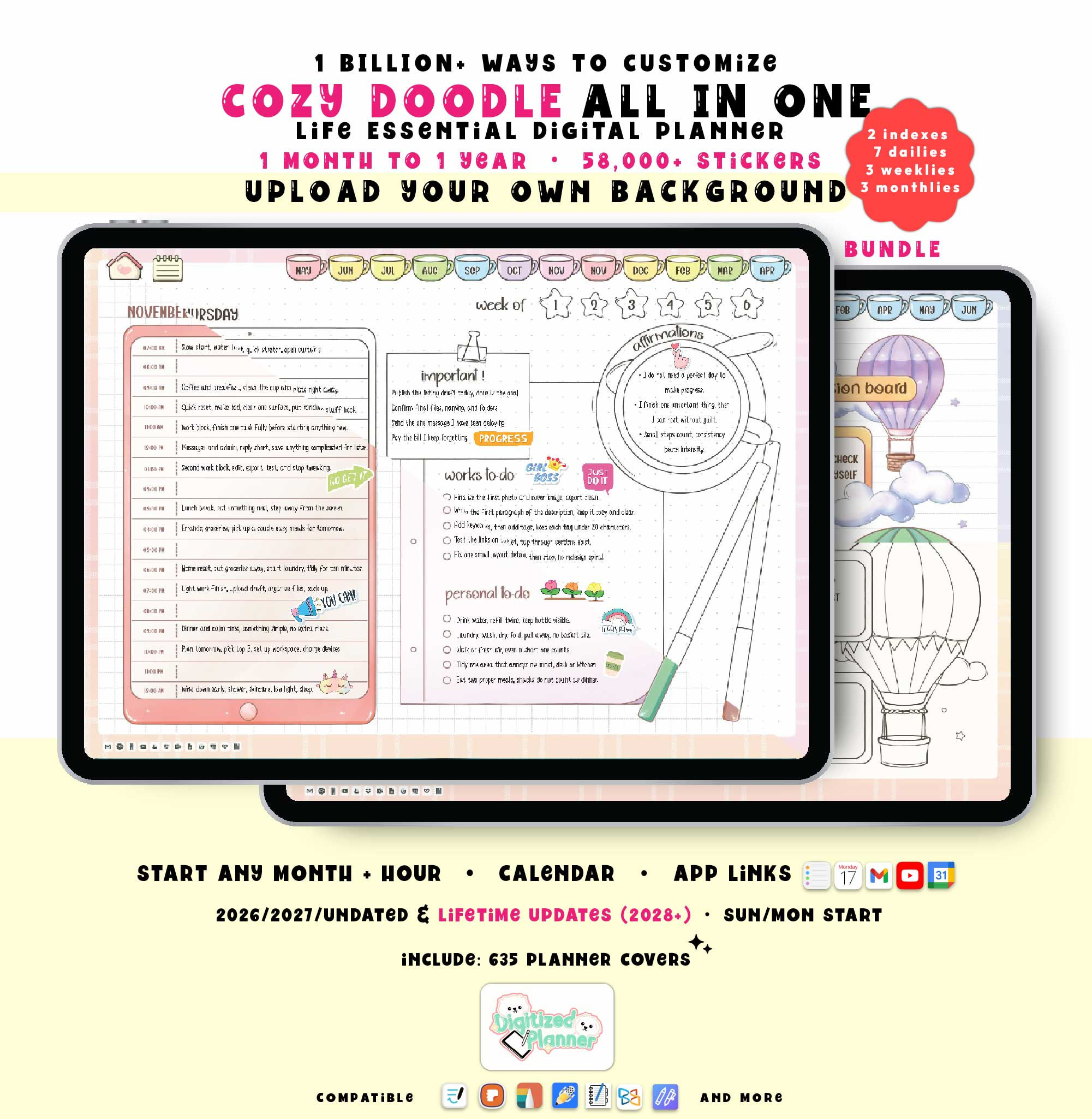 Cozy Doodle Digital Planner Bundle 2026 2027, Full Color + Black and White