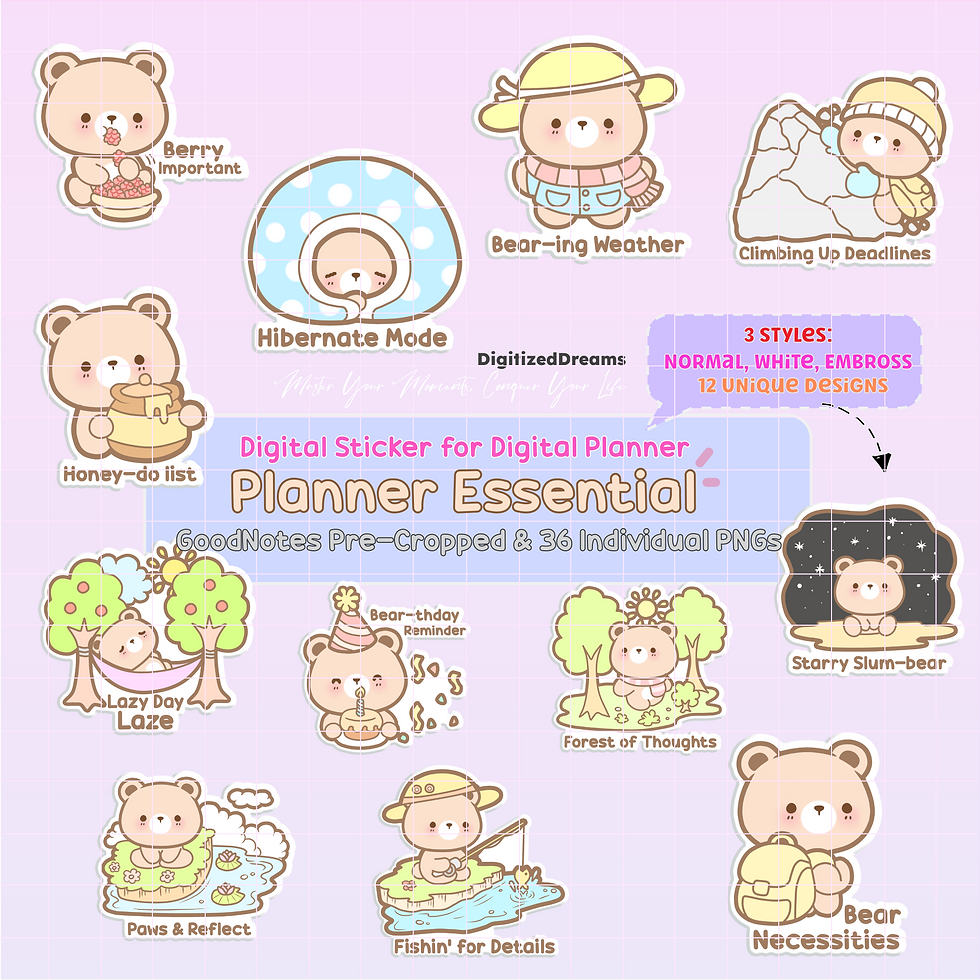 Enhance your digital planner with Bear Cat Digital Stickers. Ideal for iPad and 2024 2025 planning, perfect for ADHD and stay