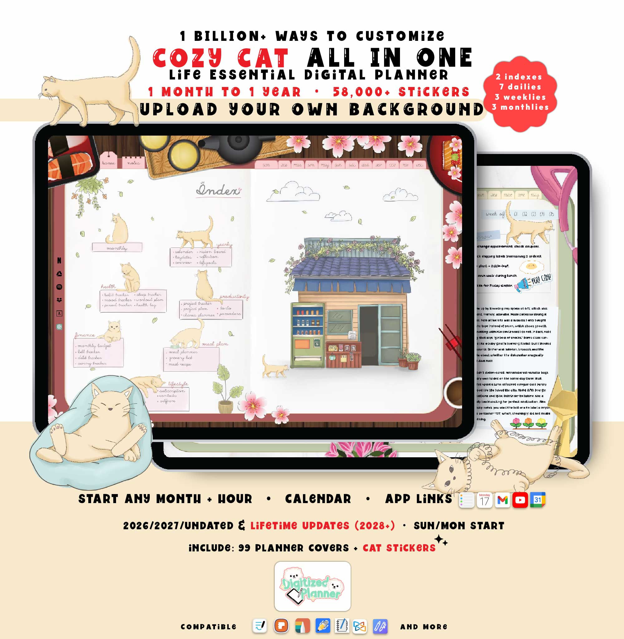 Cat Digital Planner 2026, Undated, Lifetime, iPad GoodNotes Planner, Custom