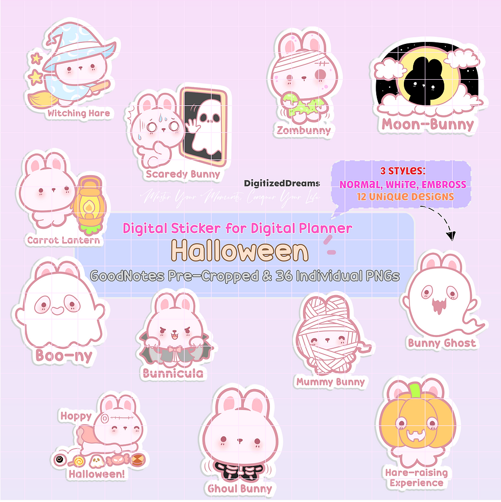Add some Halloween fun to your digital planner with Bunny Halloween Digital Stickers. Ideal for iPad and 2024 2025 planning.
