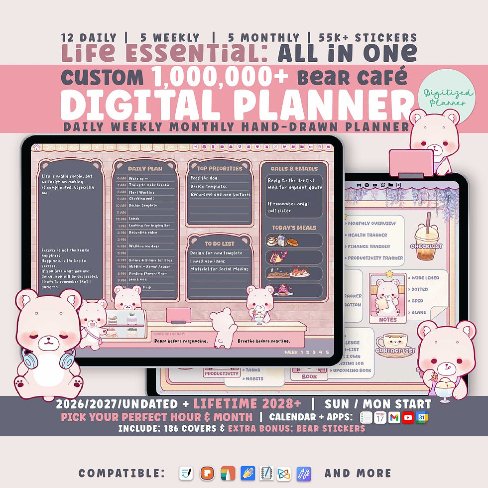 Bear Digital Planner 2026, 2027 Undated Cozy Daily Custom iPad & Android Planner