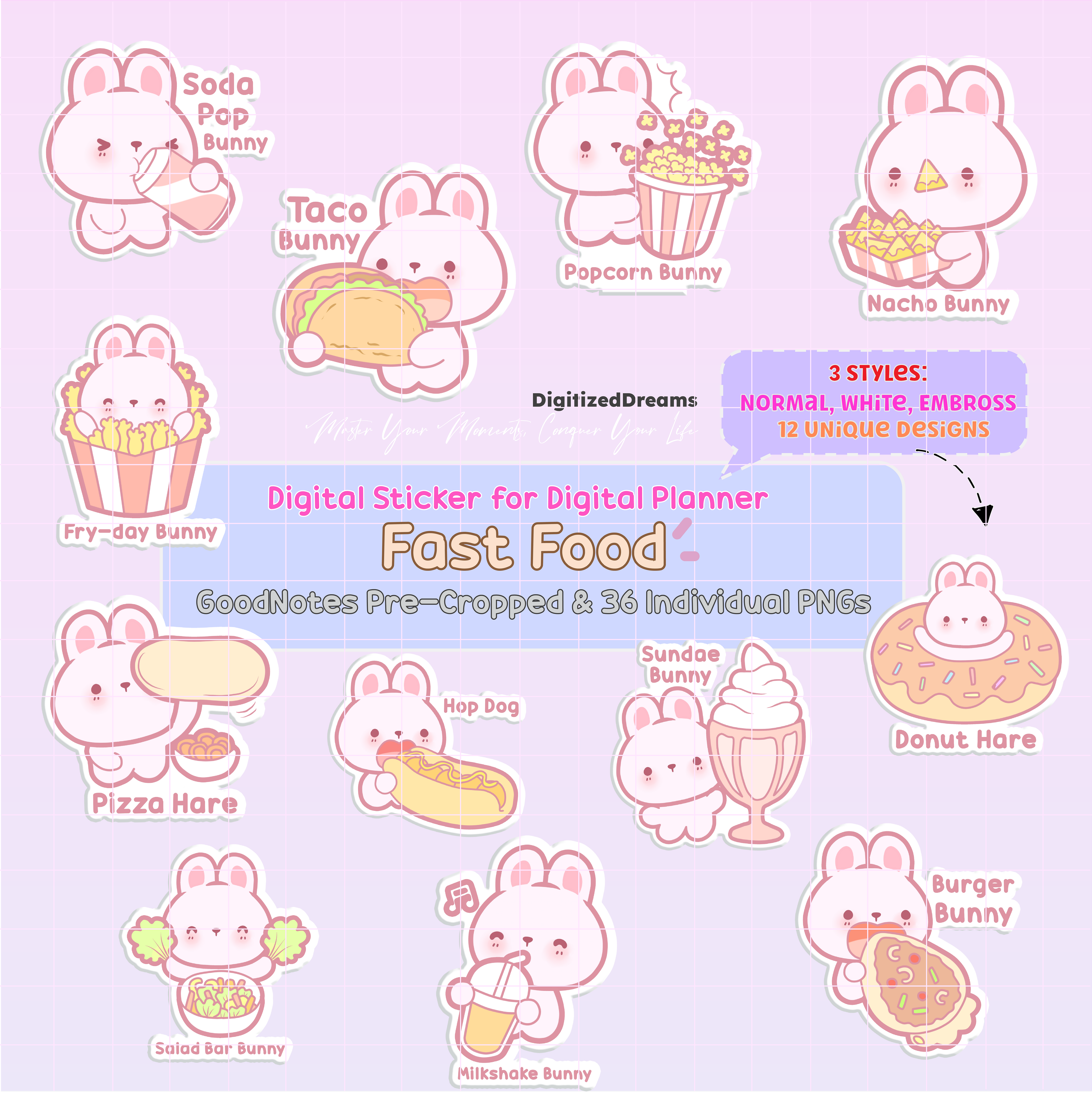 Enhance your digital planner with Bunny Burger Digital Stickers. Perfect for iPad and 2024 2025 planning.