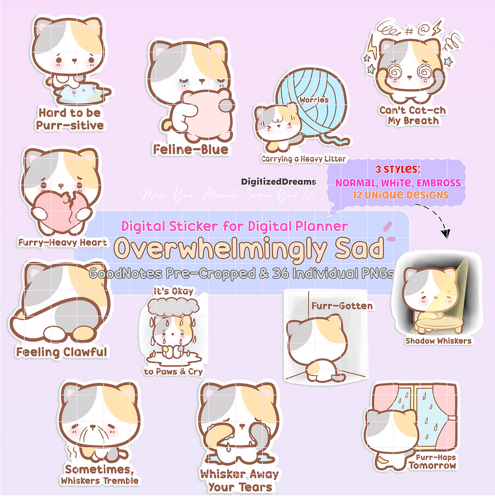 Add some expressive fun to your digital planner with Kitty Cat Sad Digital Stickers. Ideal for iPad and 2024 2025 planning.