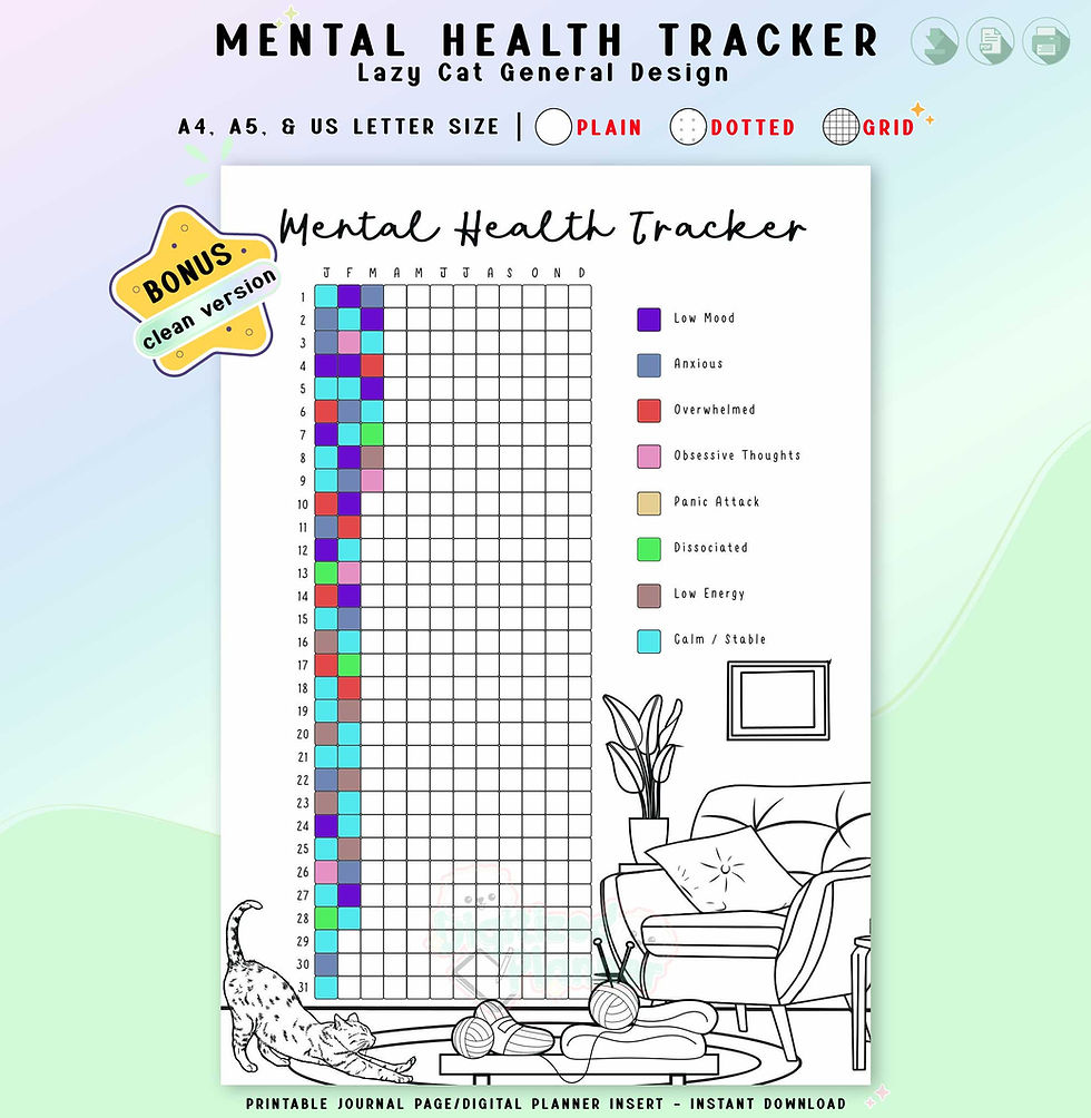 Health Tracker Printable, Yearly Mood, Anxiety Symptom Log, Wellness Journal
