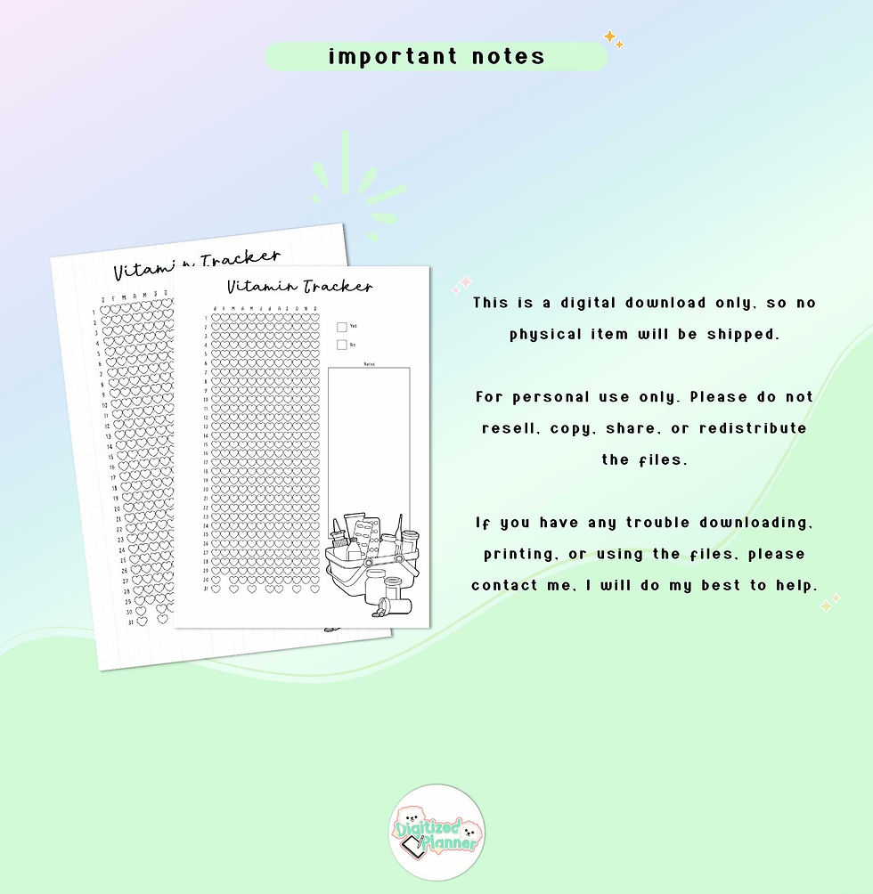Thumbnail: Vitamin Tracker, Yearly Printable Planner Page, Supplement Health Journal Log
