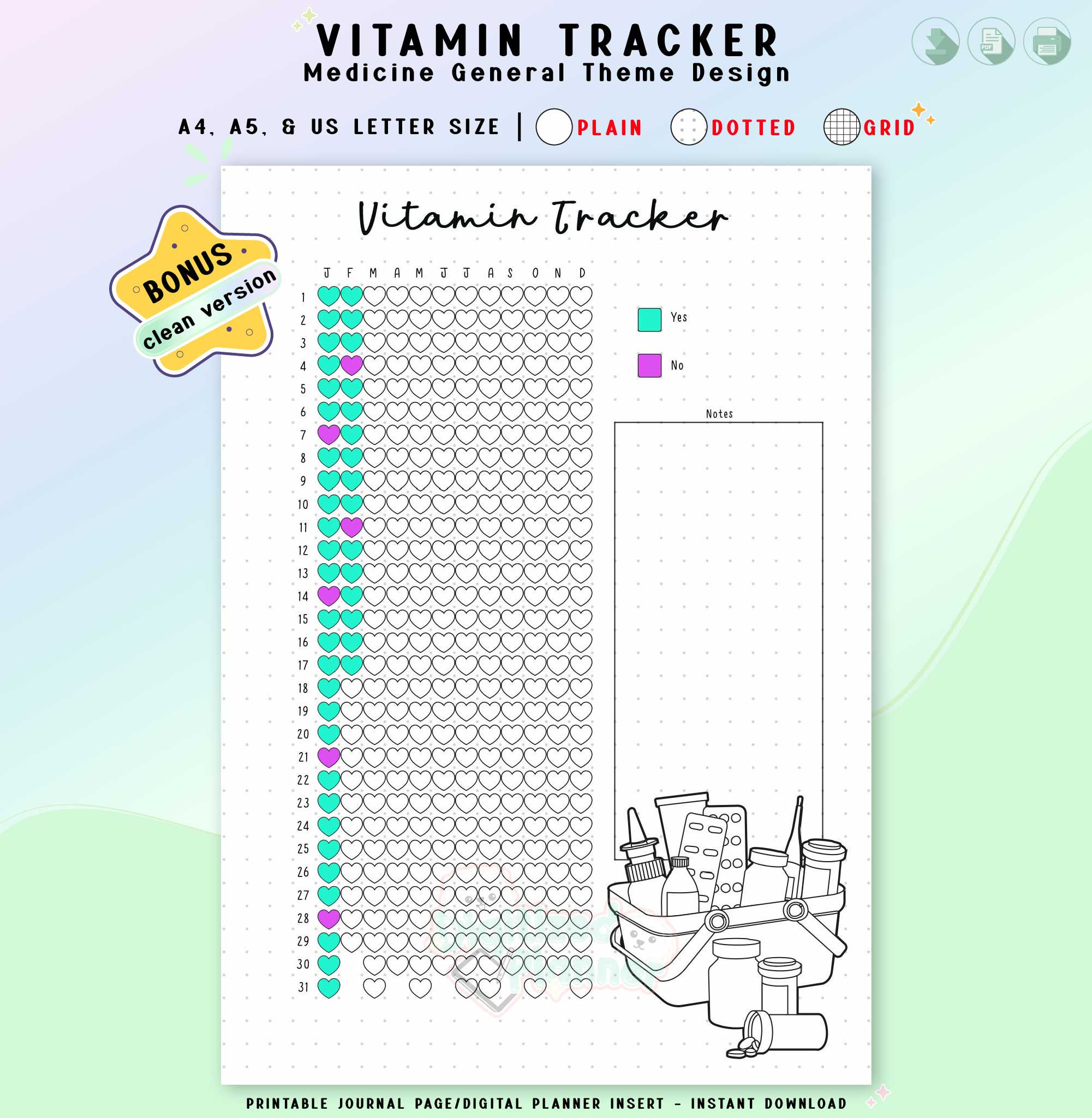 Vitamin Tracker, Yearly Printable Planner Page, Supplement Health Journal Log