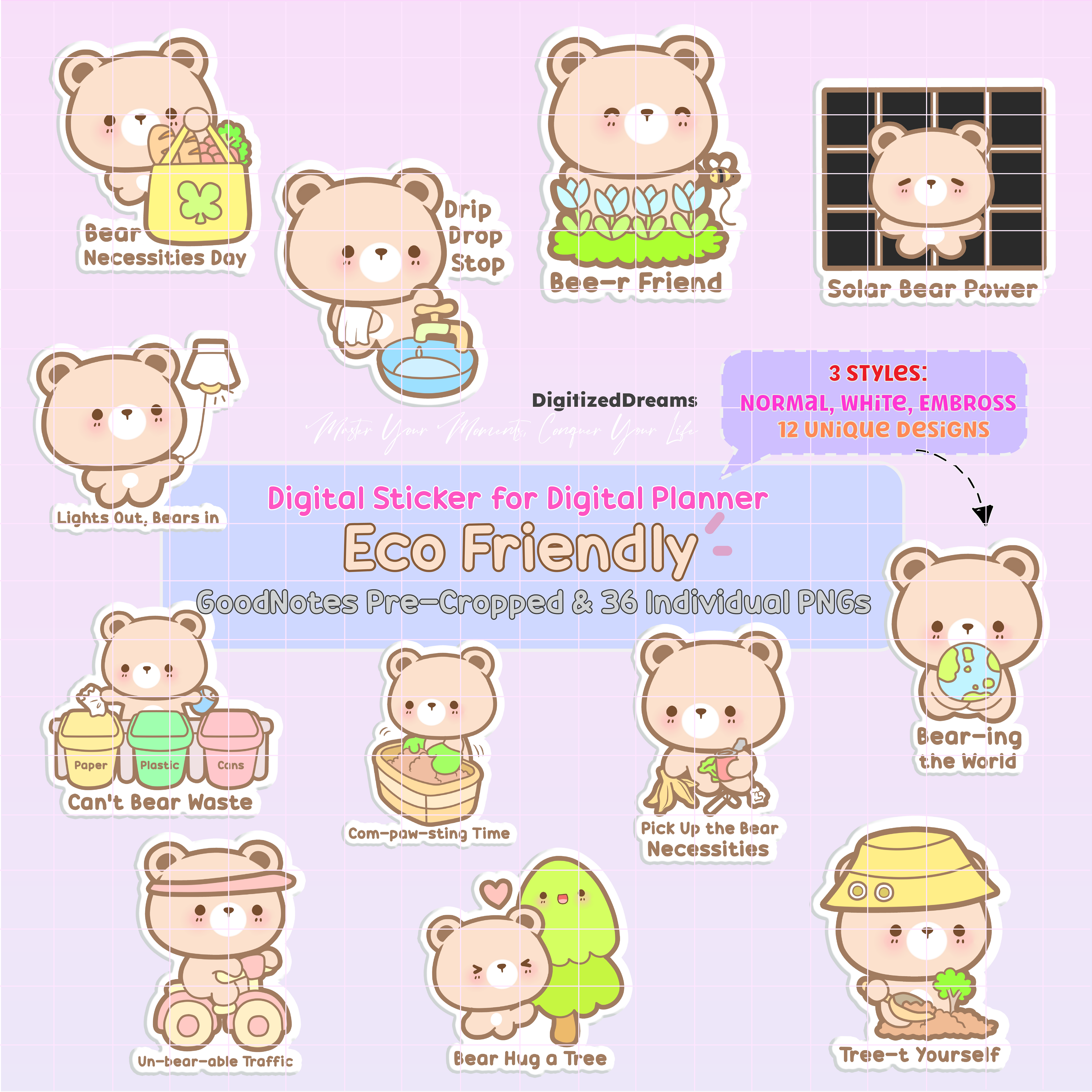Enhance your digital planner with Eco Friendly Bear Digital Stickers. Perfect for iPad and 2024 2025 planning.