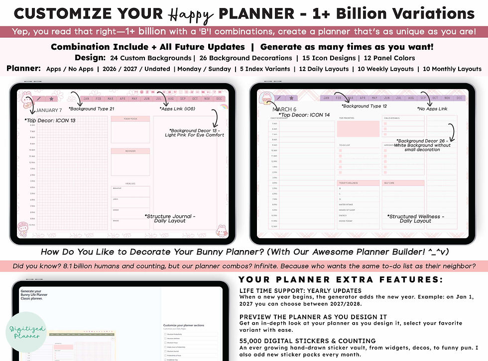 Digital Planner 2026, 2027 Undated Bunny Life GoodNotes Planner, Cute Pink iPad Planner, Notability Planner, Custom Digital J