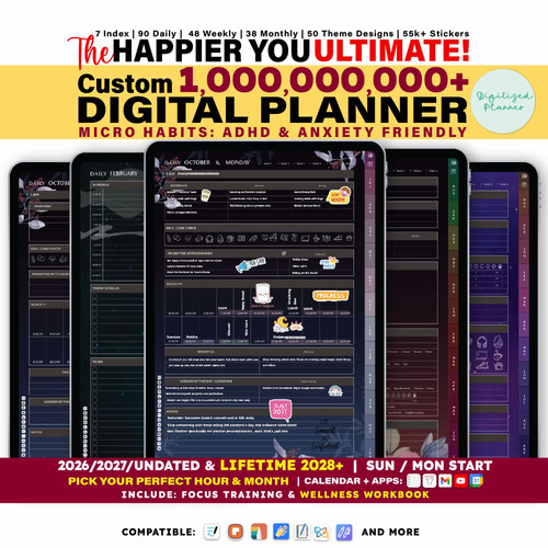 Dark ADHD Digital Planner 2026, Undated, Custom iPad & Android ...