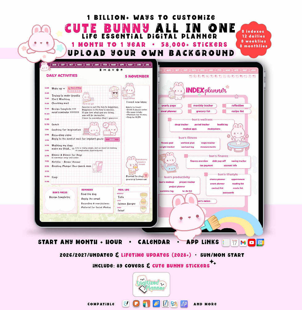 Pink Digital Planner 2026, 2027, Pastel Pink Bunny Custom GoodNotes