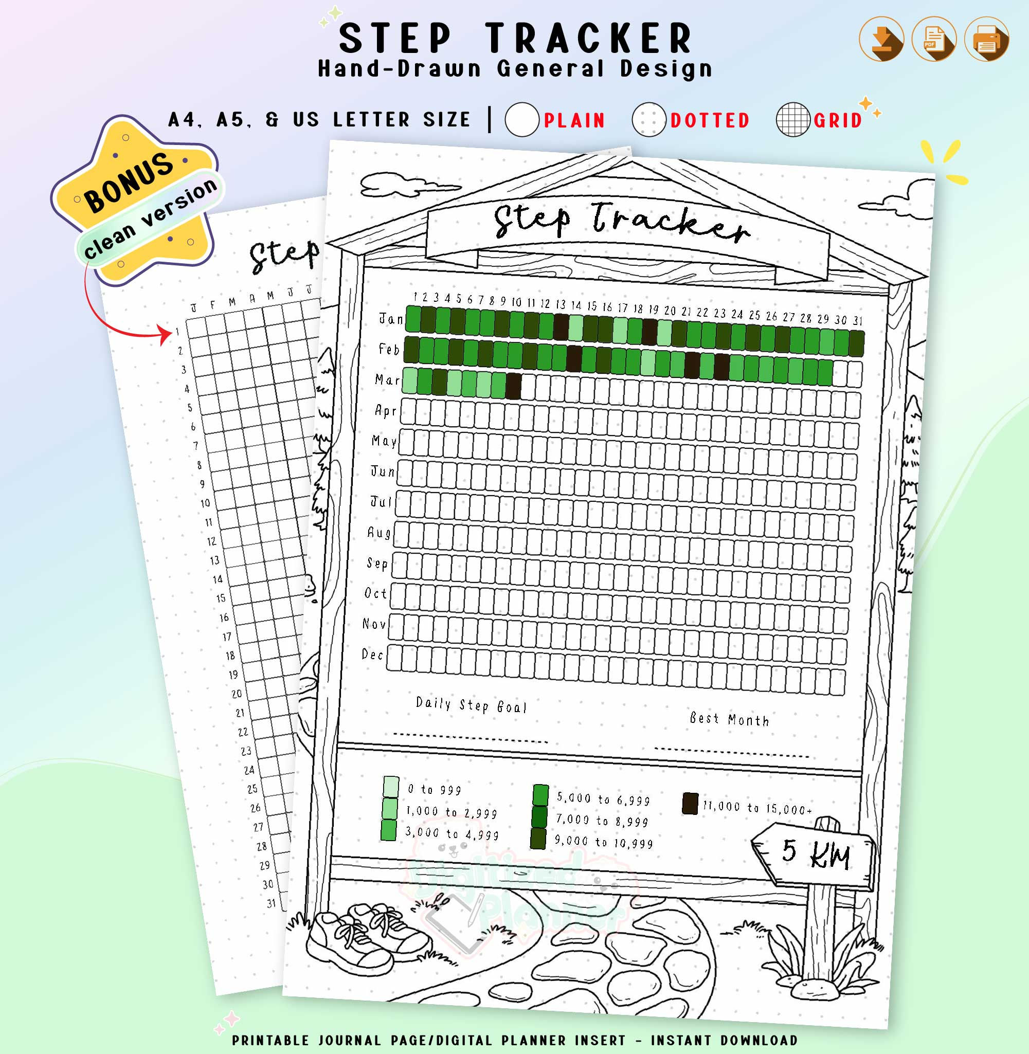 Step Tracker Printable, Yearly Tracker, Bullet Journal Fitness Health Counter