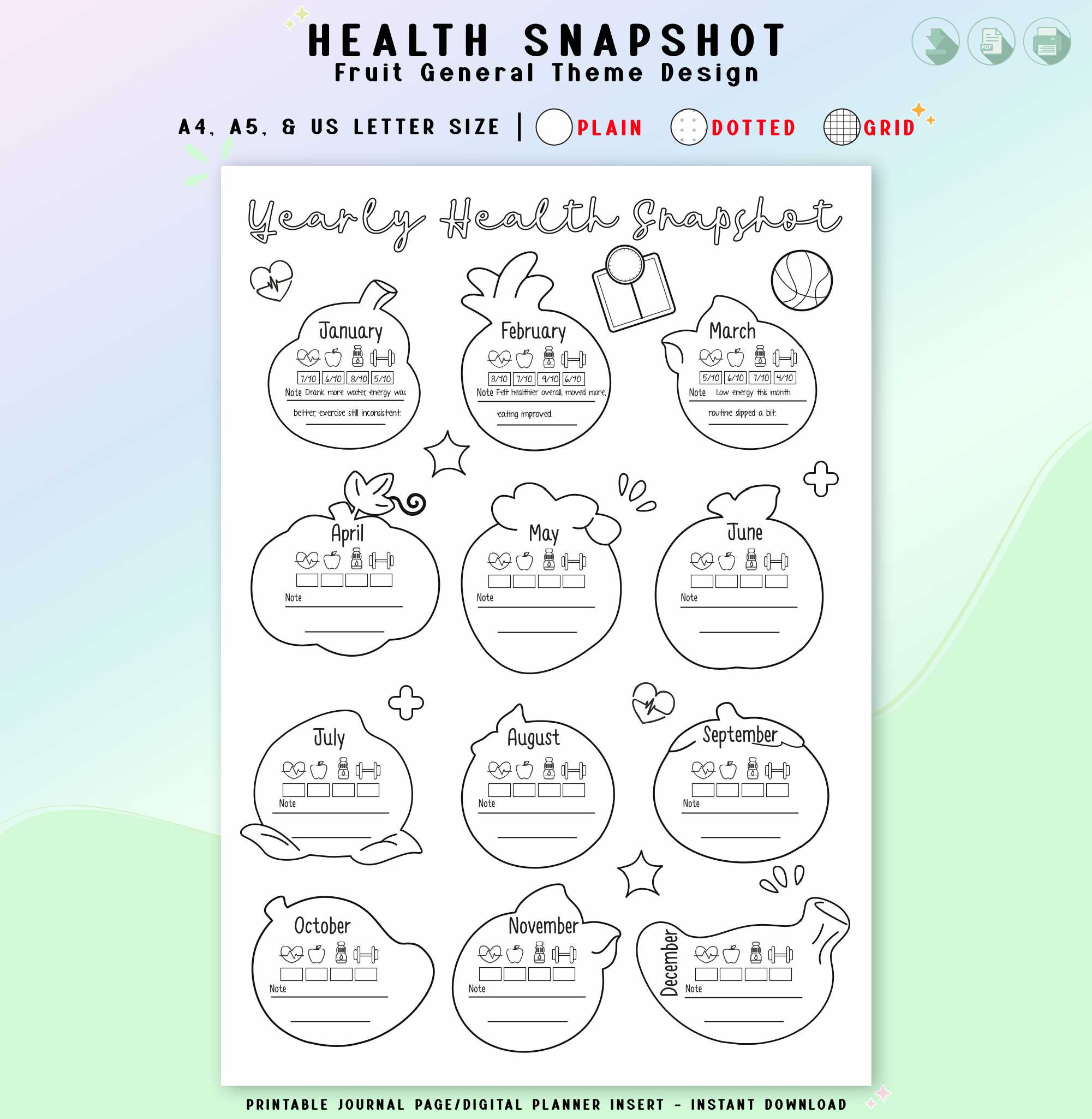 Yearly Health Tracker Printable, Monthly Healthy Snapshot, Wellness Log, Health