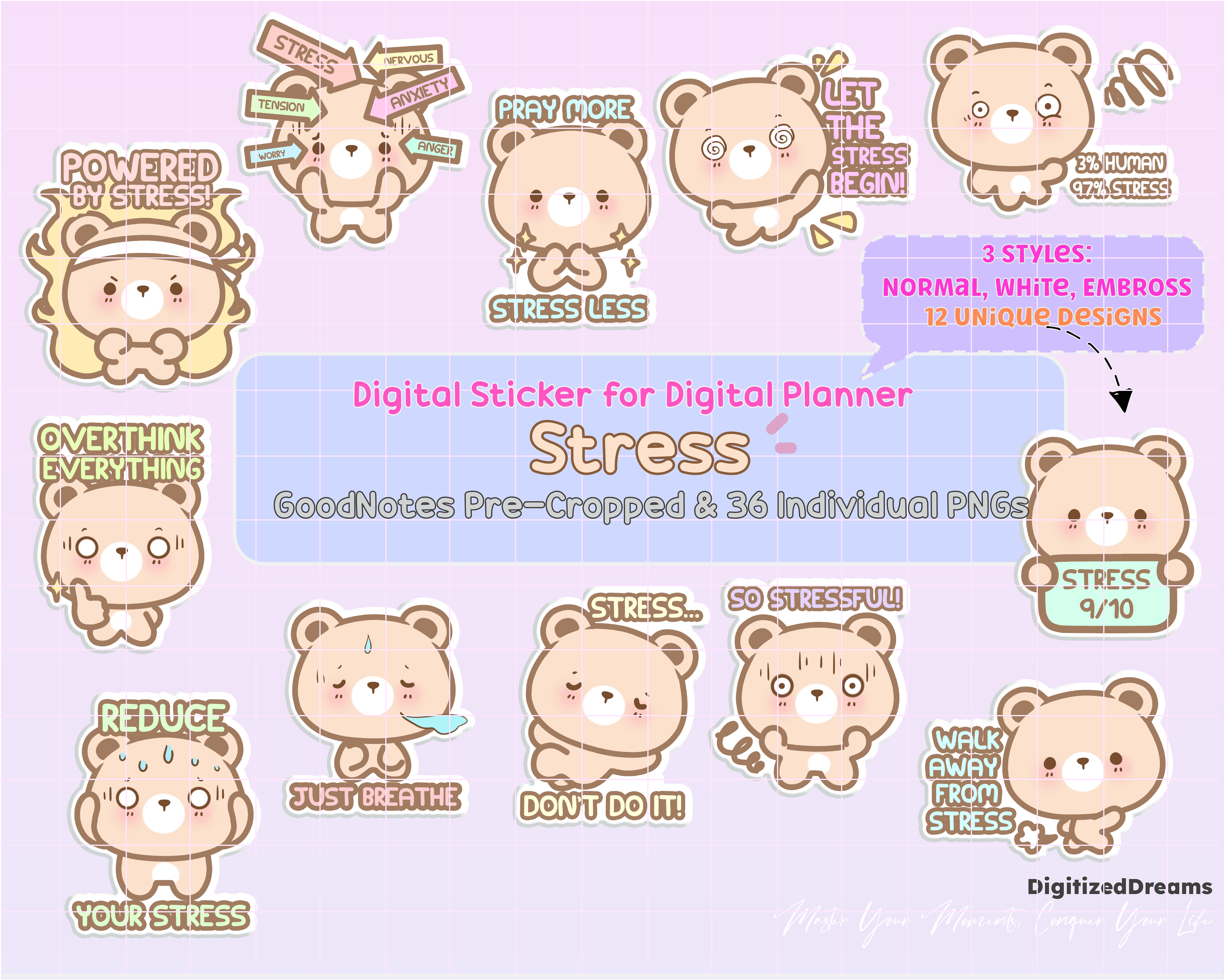 Bring a twist to your digital planner with Stressful Bear Digital Stickers. Designed for iPad compatibility, these stickers o
