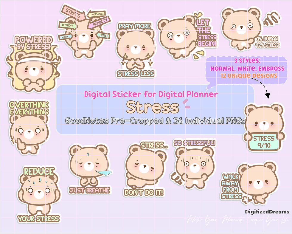 Bring a twist to your digital planner with Stressful Bear Digital Stickers. Designed for iPad compatibility, these stickers o