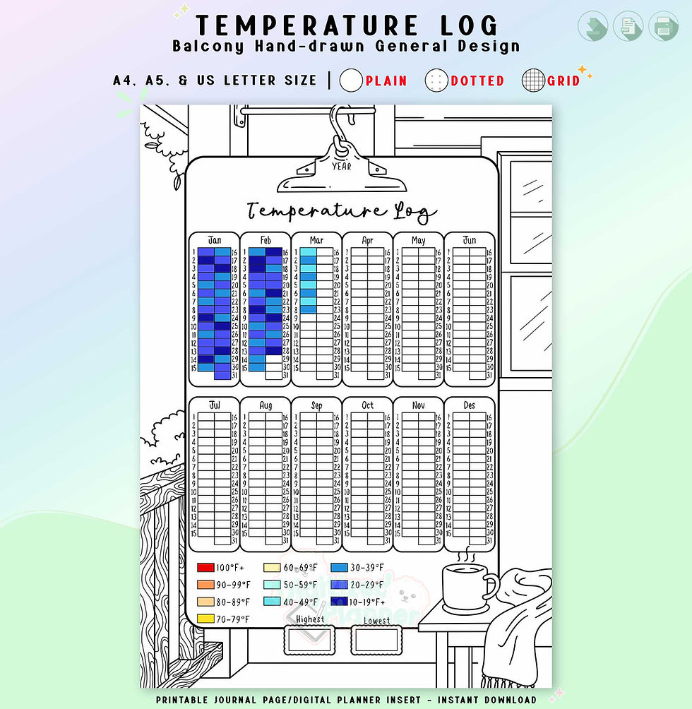 Yearly Temperature Log Printable, Weather Tracker, Weather Journal, Planner Page