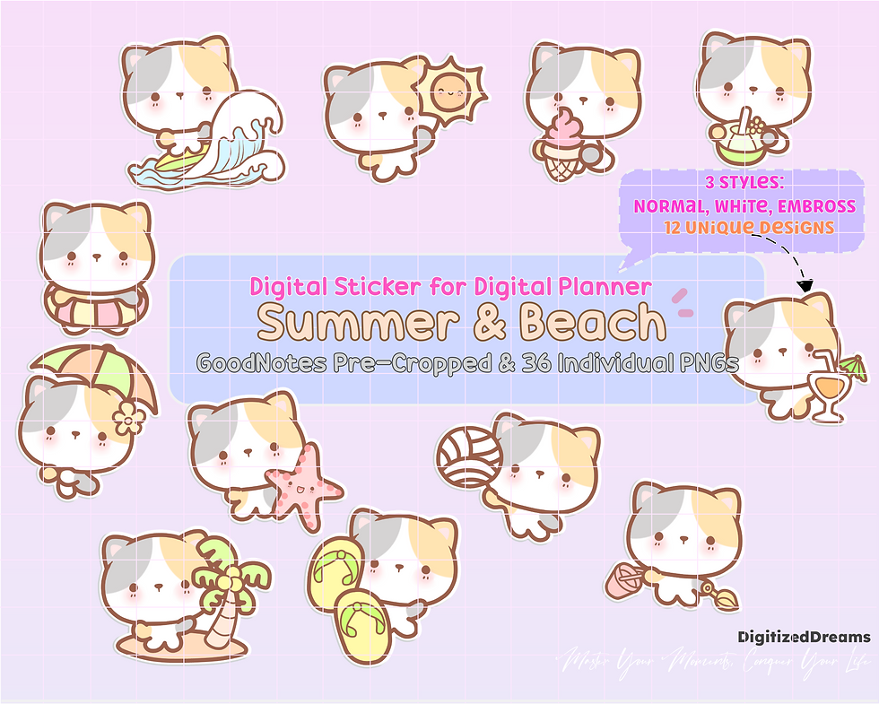 Elevate your digital planner with our delightful Kitty Cat Summer Digital Stickers. Crafted with iPad compatibility in mind,