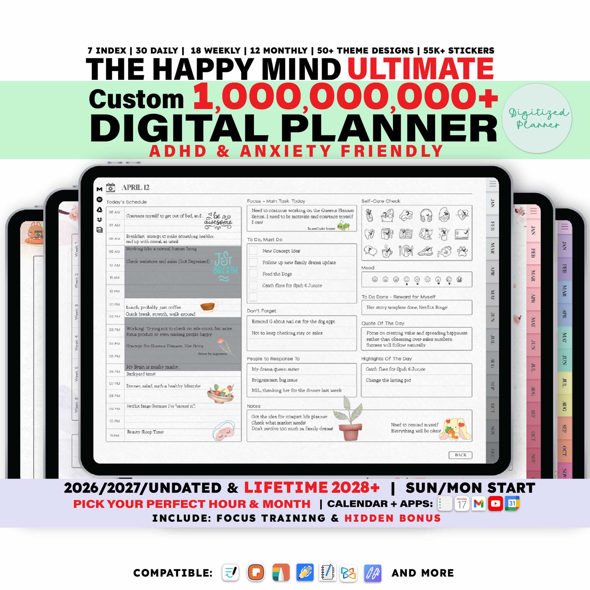 ADHD Digital Planner 2024, 2025, Undated | Custom ADHD Planner: 21 Daily, 18 Weekly, 12 Monthly for Android & iPad Planner |