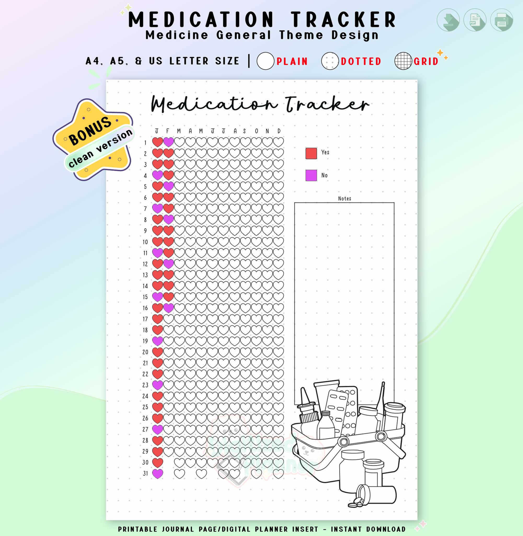 Yearly Medication Tracker, Printable Journal Page, Pill Health Medicine Log, A4