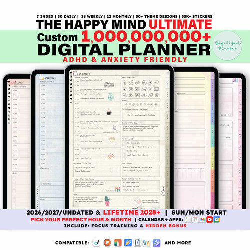 ADHD Digital Planner 2026, Undated, lifetime, daily anxiety journal ...