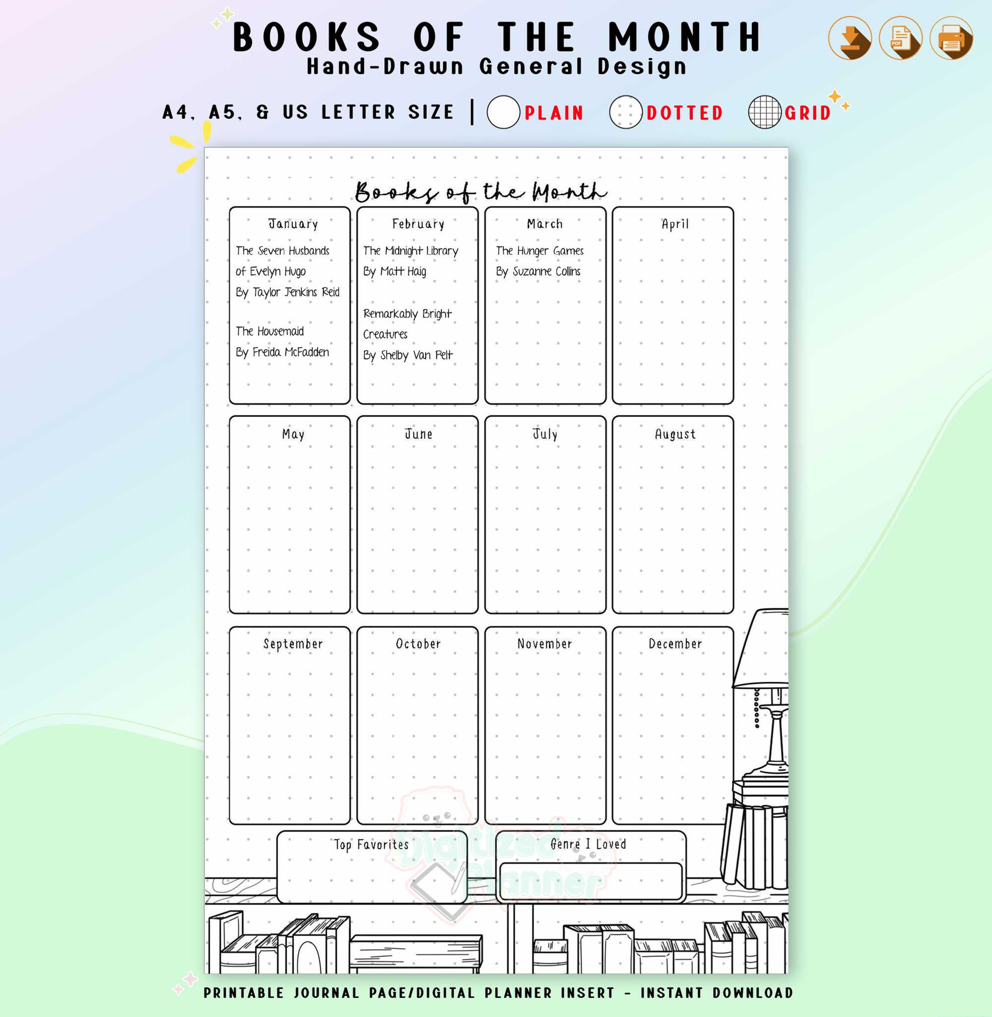 Book of the Month Printable, Read Journal, Reading Digital Planner Template