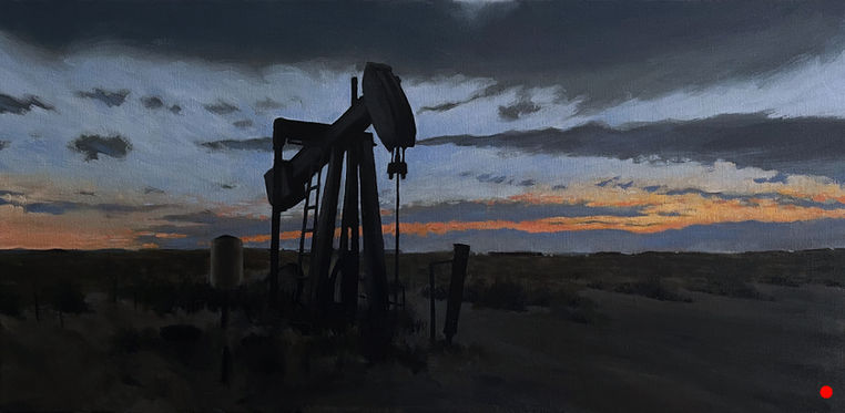 Oil painting of an oil well outside Bakersfield California at sunrise.