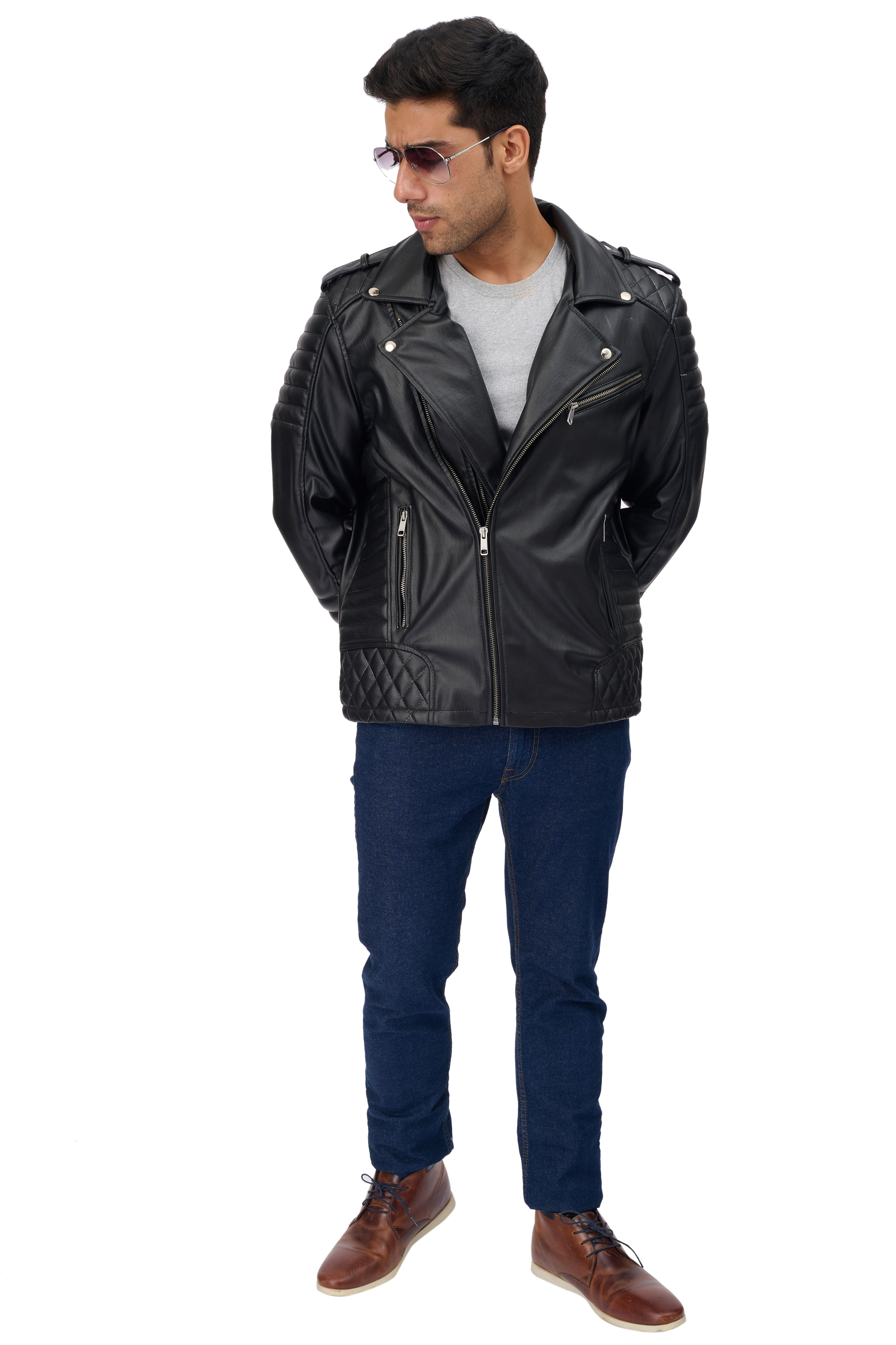 Black Leather Biker Jacket ZX4