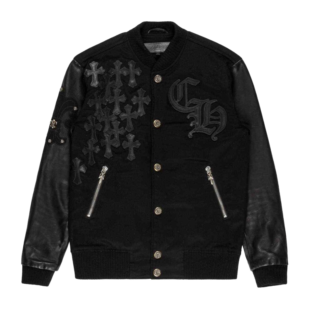 CHROME HEARTS LEATHER MULTI CROSS VARSITY JACKET