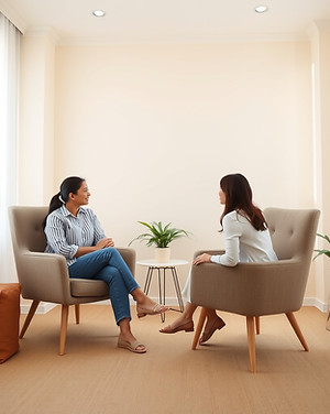 1 on 1 counseling in a light airy beige room with two Filipina women sitting in a chair, o